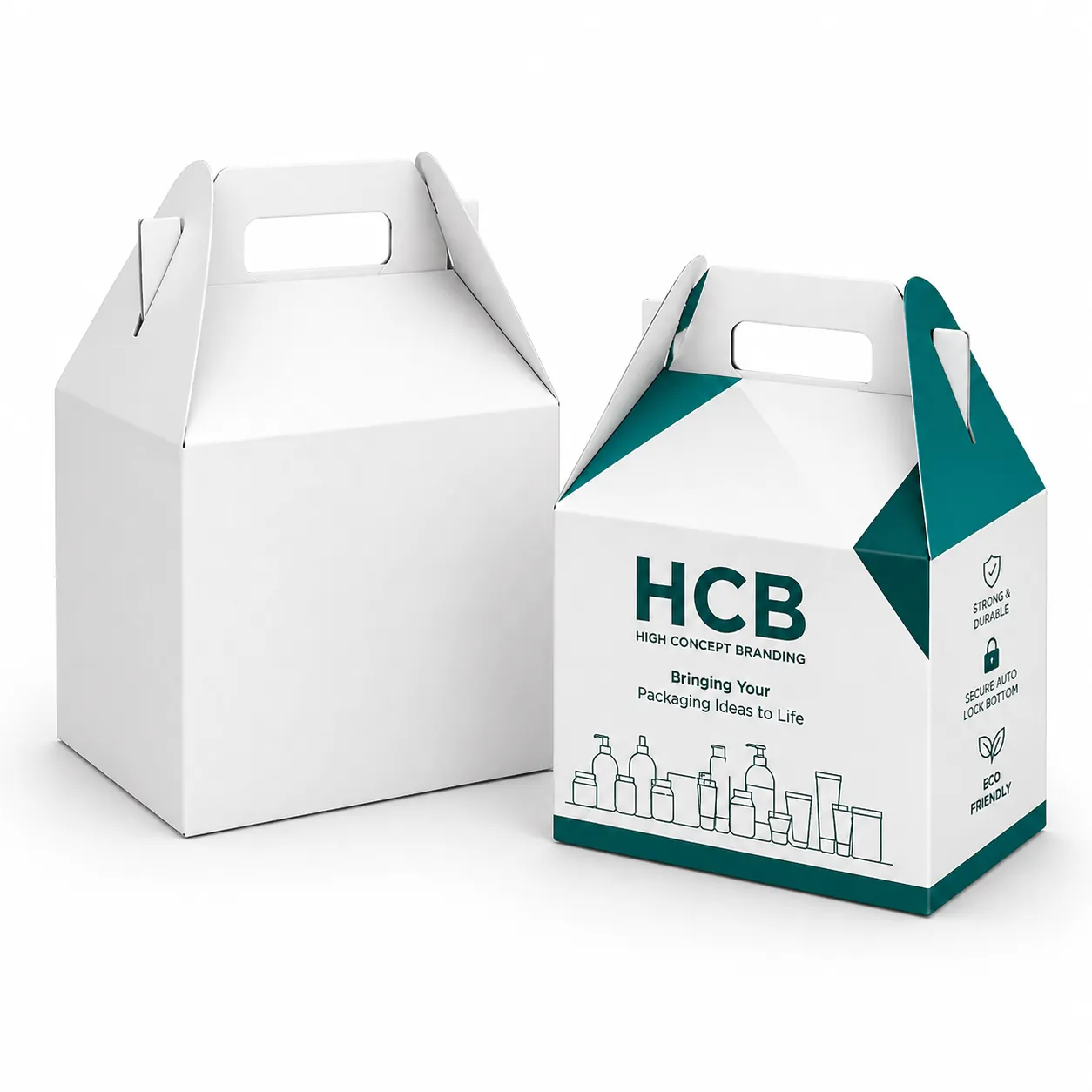 Eco-friendly white and custom printed gable boxes with built-in handles for professional gift and retail packaging. class=